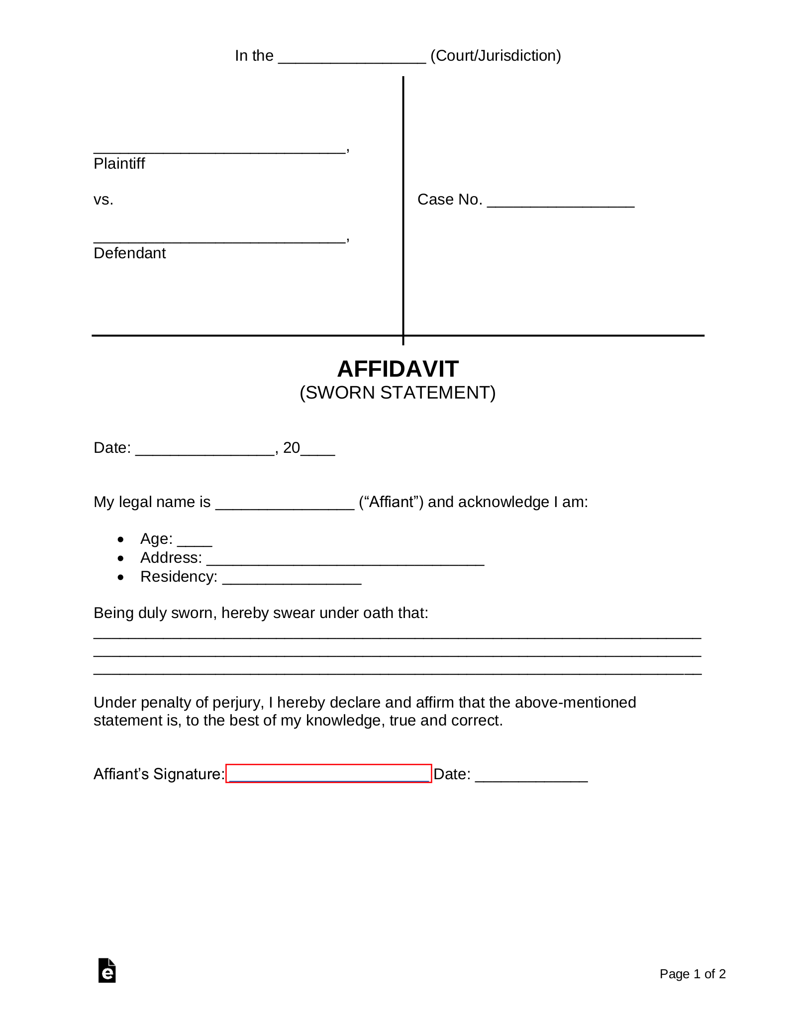 Free Court Affidavit Form (Sworn Statement) - Pdf | Word – Eforms regarding Printable Sworn Statement Affidavit Template