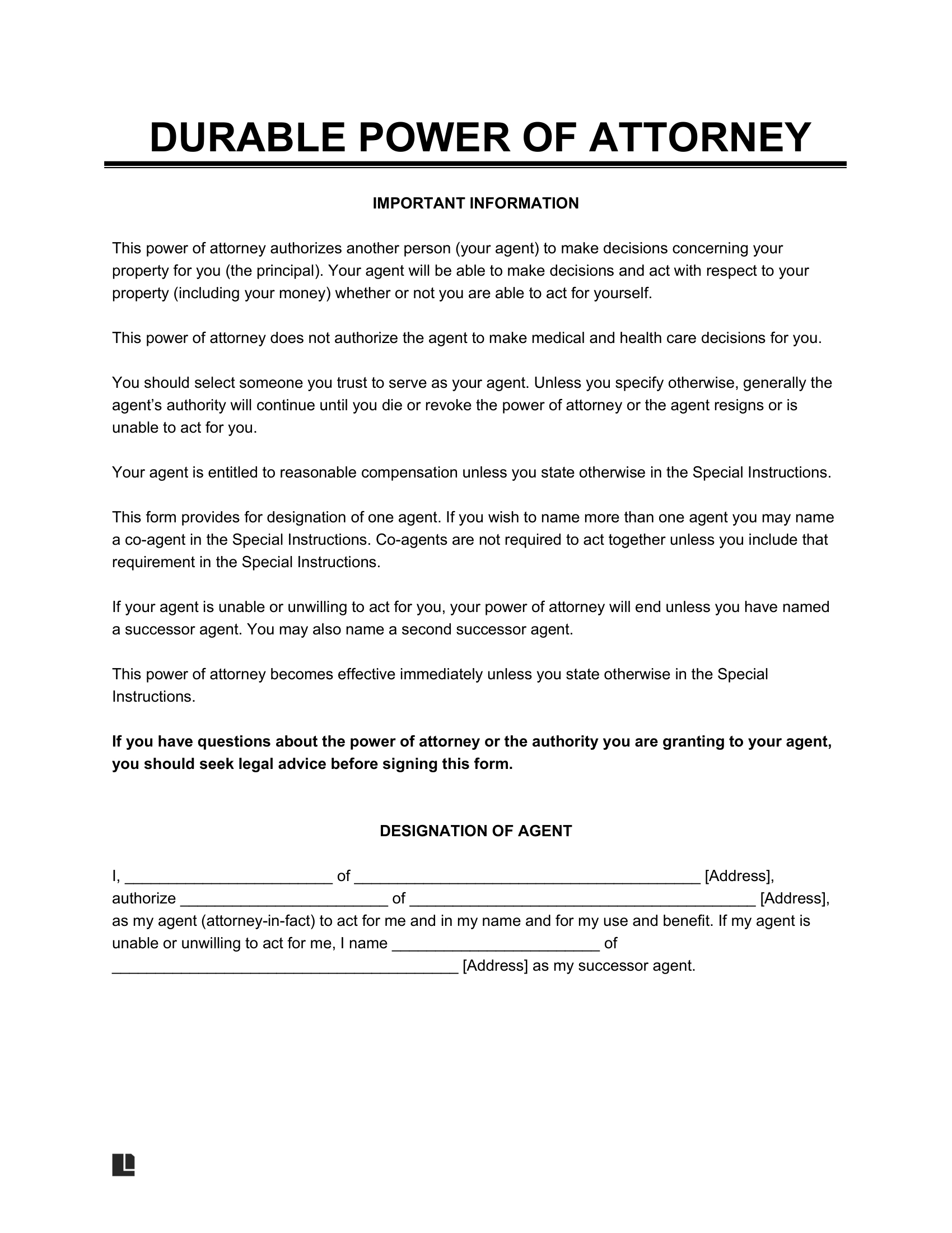 Free Durable Power Of Attorney Form | Pdf & Word inside Printable Durable Power of Attorney Form