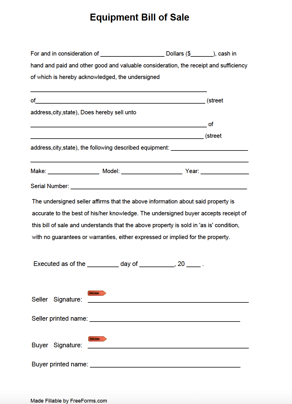 Free Equipment Bill Of Sale Form | Pdf inside Printable Bill Of Sale For Farm Equipment