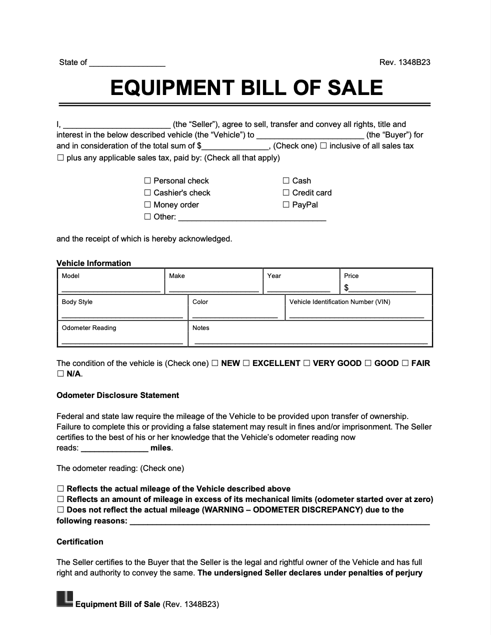 Free Equipment (Heavy/Farm) Bill Of Sale Template | Pdf & Word inside Printable Bill of Sale For Farm Equipment