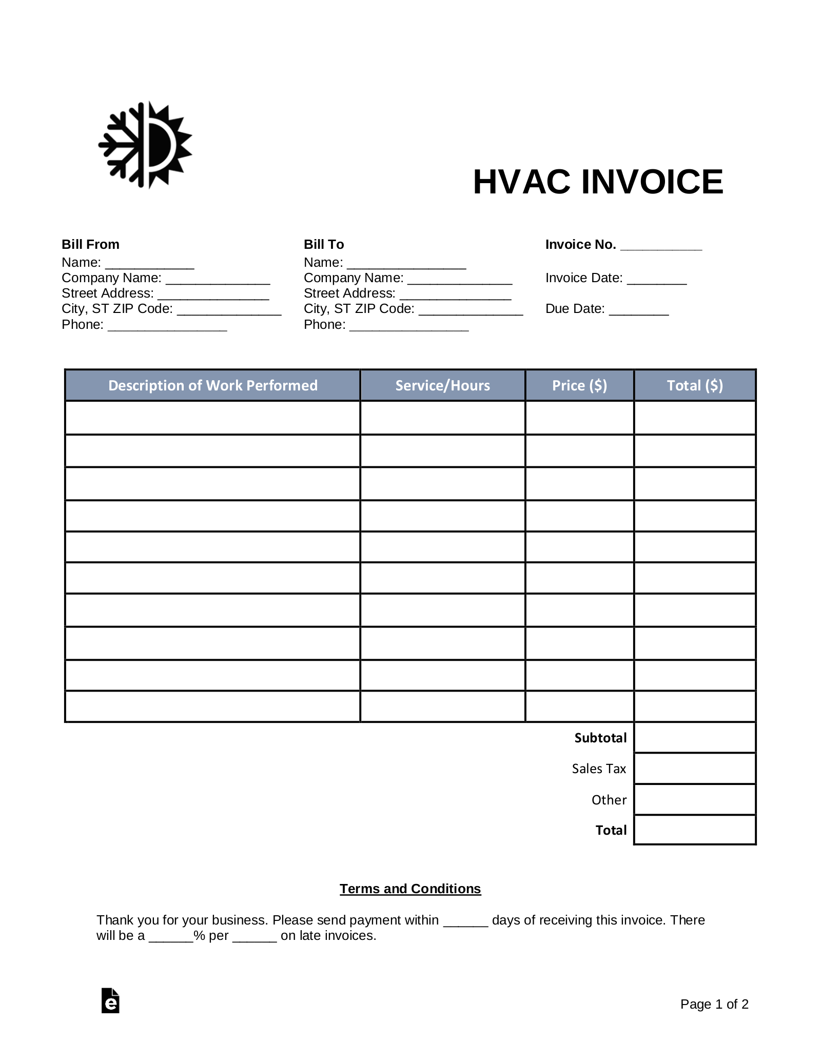 Free Hvac Invoice Template - Pdf | Word – Eforms regarding Free Printable Hvac Invoice Template