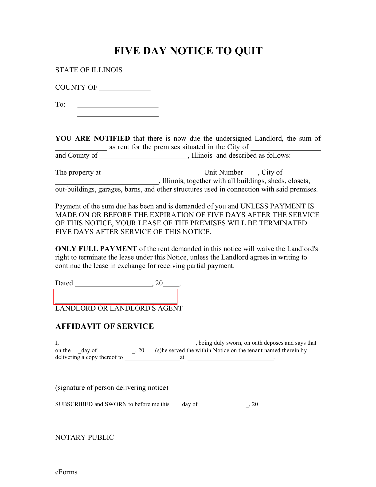 Free Illinois 5-Day Notice To Quit Form | Non-Payment Of Rent throughout Printable 5 Day Eviction Notice Illinois
