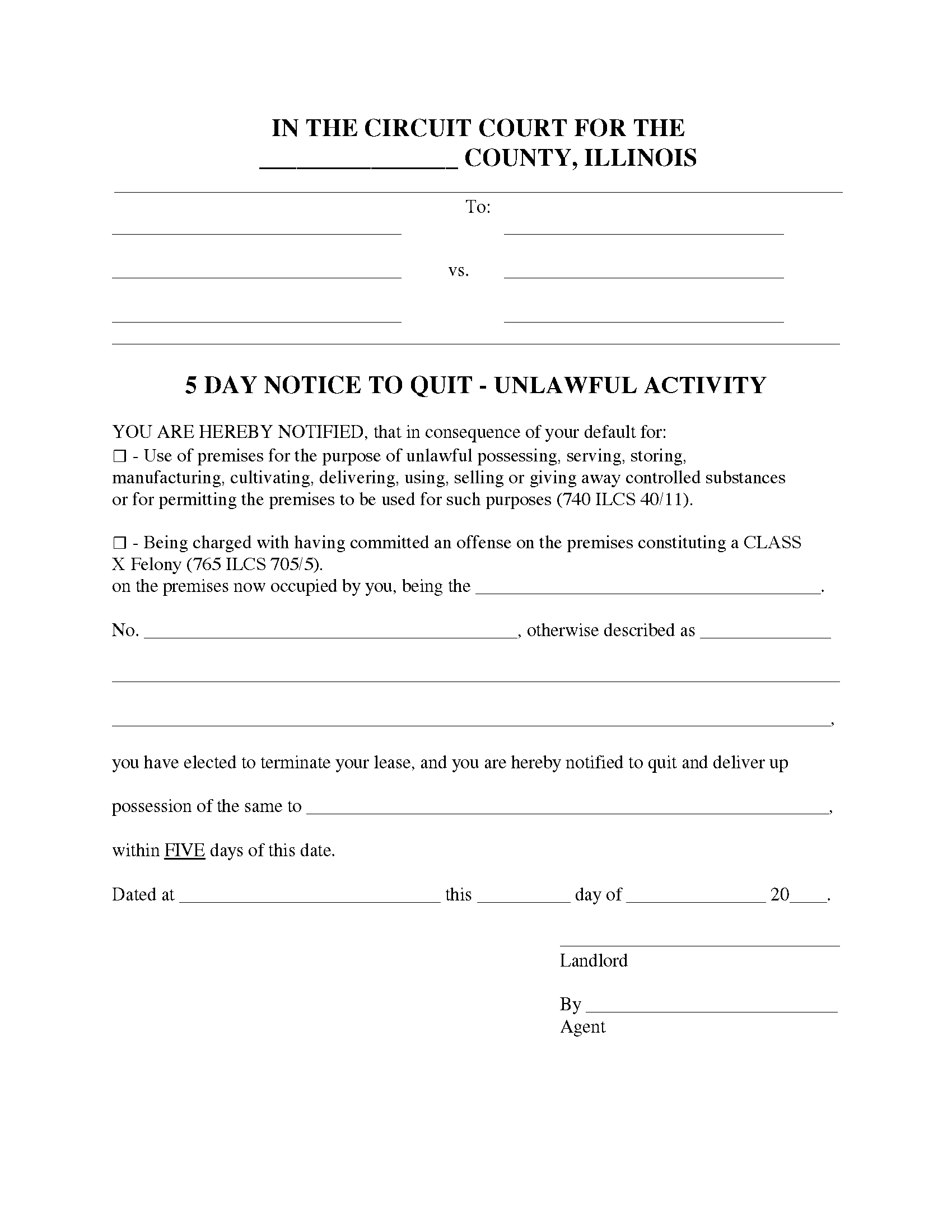 Free Illinois 5-Day Notice To Quit Form | Unlawful Activity - Pdf regarding Printable 5 Day Eviction Notice Illinois