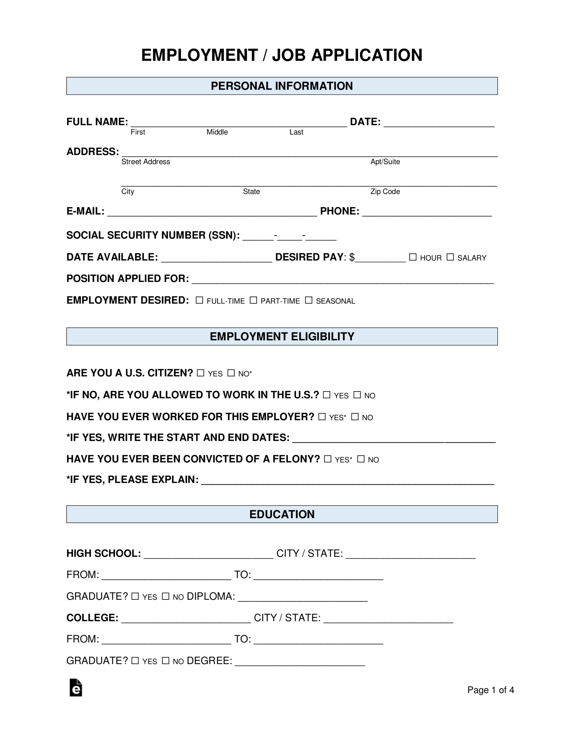 Free Job Application Forms (2) - Pdf | Word – Eforms pertaining to Blank Job Application Forms Printable