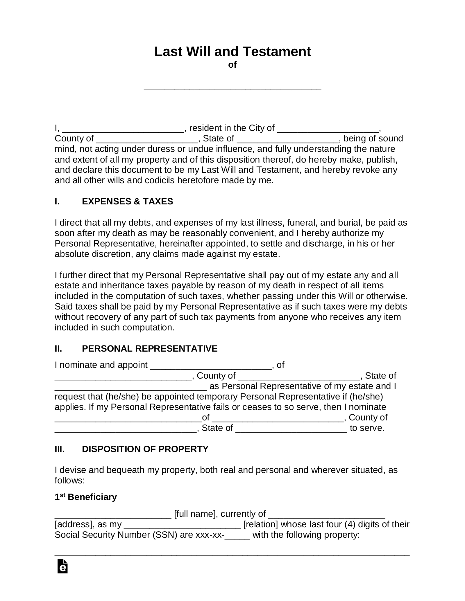Free Last Will And Testament (Will) - Pdf | Word – Eforms within Printable Blank Will Form