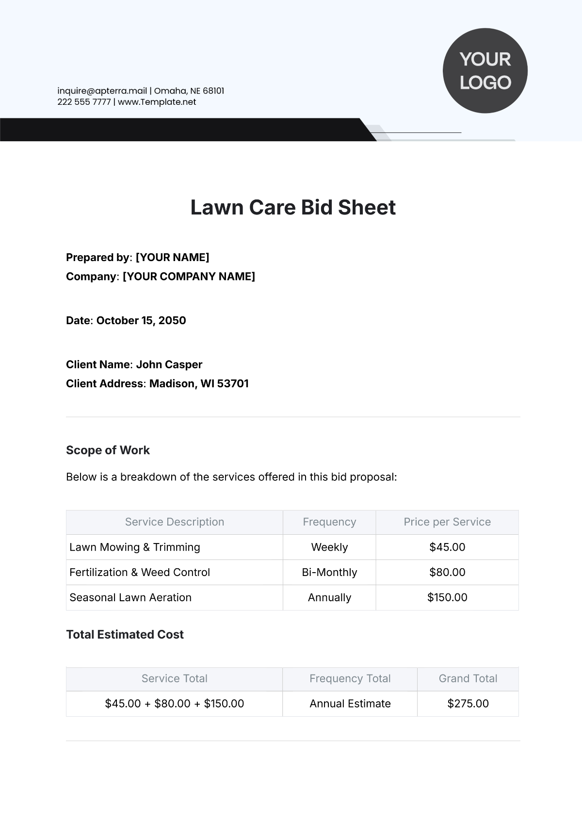 Free Lawn Care Bid Sheet Template To Edit Online pertaining to Free Printable Lawn Care Proposal