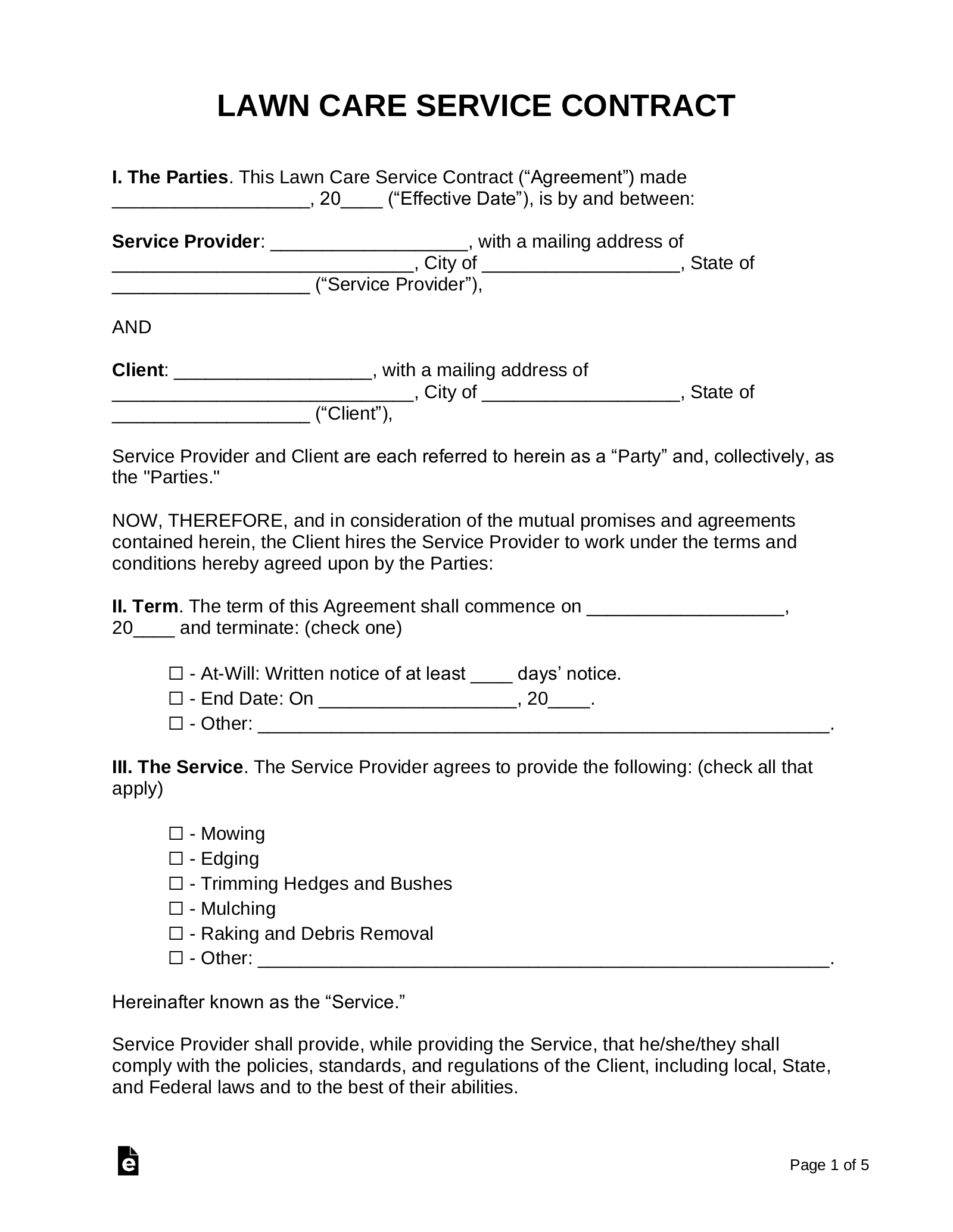 Free Lawn Care Service Contract | Samples (3) - Pdf | Word – Eforms in Free Printable Lawn Care Proposal