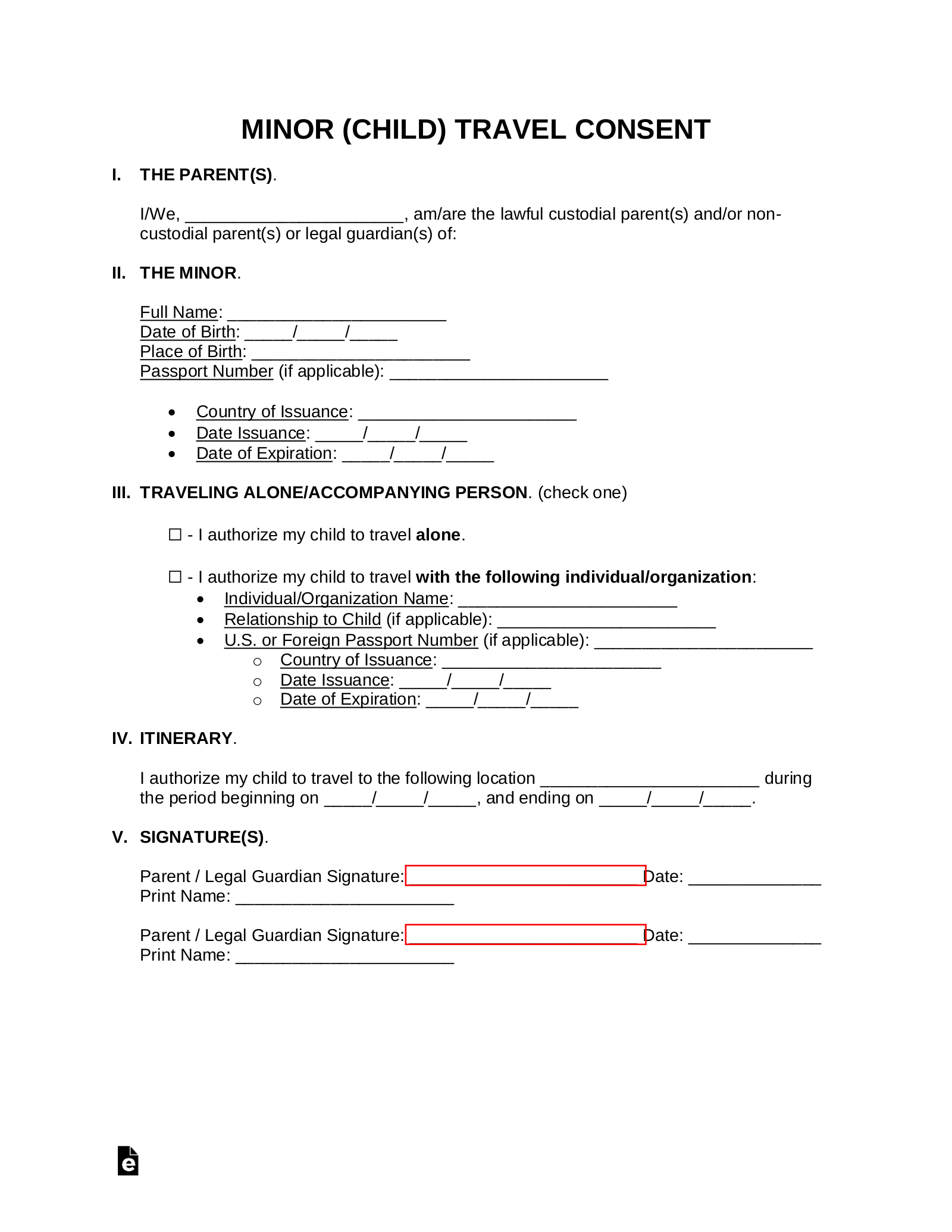 Free Minor (Child) Travel Consent Form - Pdf | Word – Eforms regarding Printable Travel Consent Form For Minor With Notary