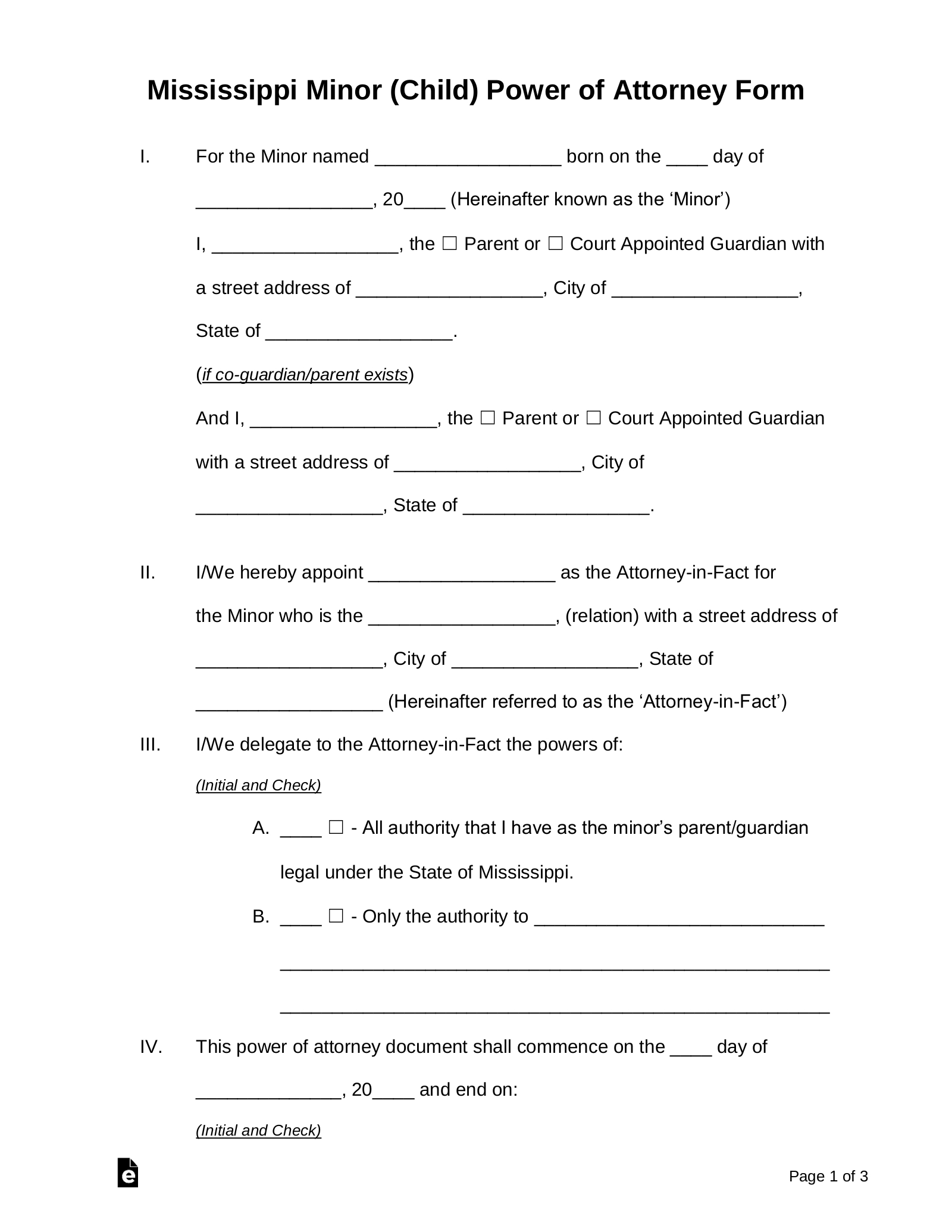 Free Mississippi Guardian Of A Minor Power Of Attorney Form - Pdf inside Free Printable Guardianship Forms Mississippi
