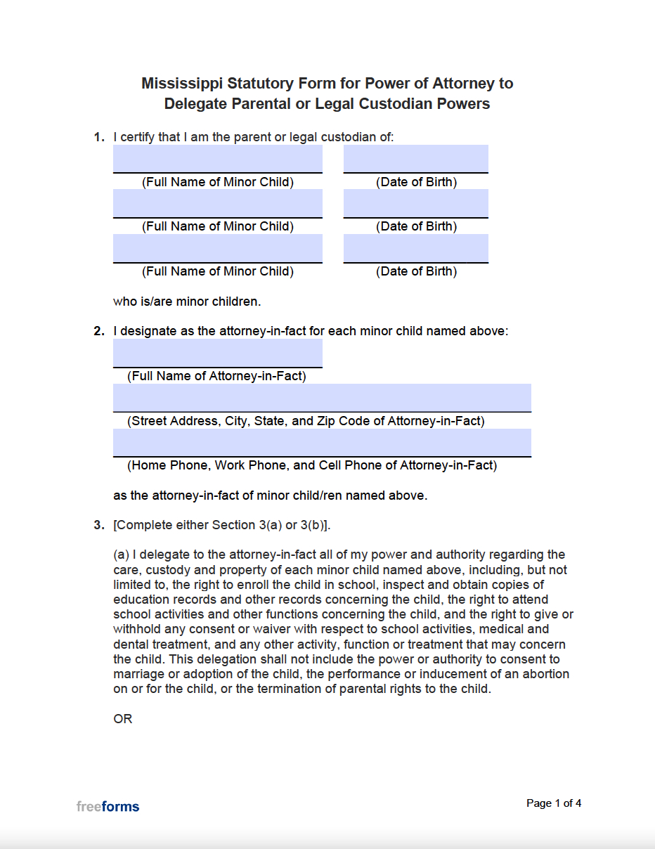 Free Mississippi Minor Child Power Of Attorney Form | Pdf | Word within Free Printable Guardianship Forms Mississippi