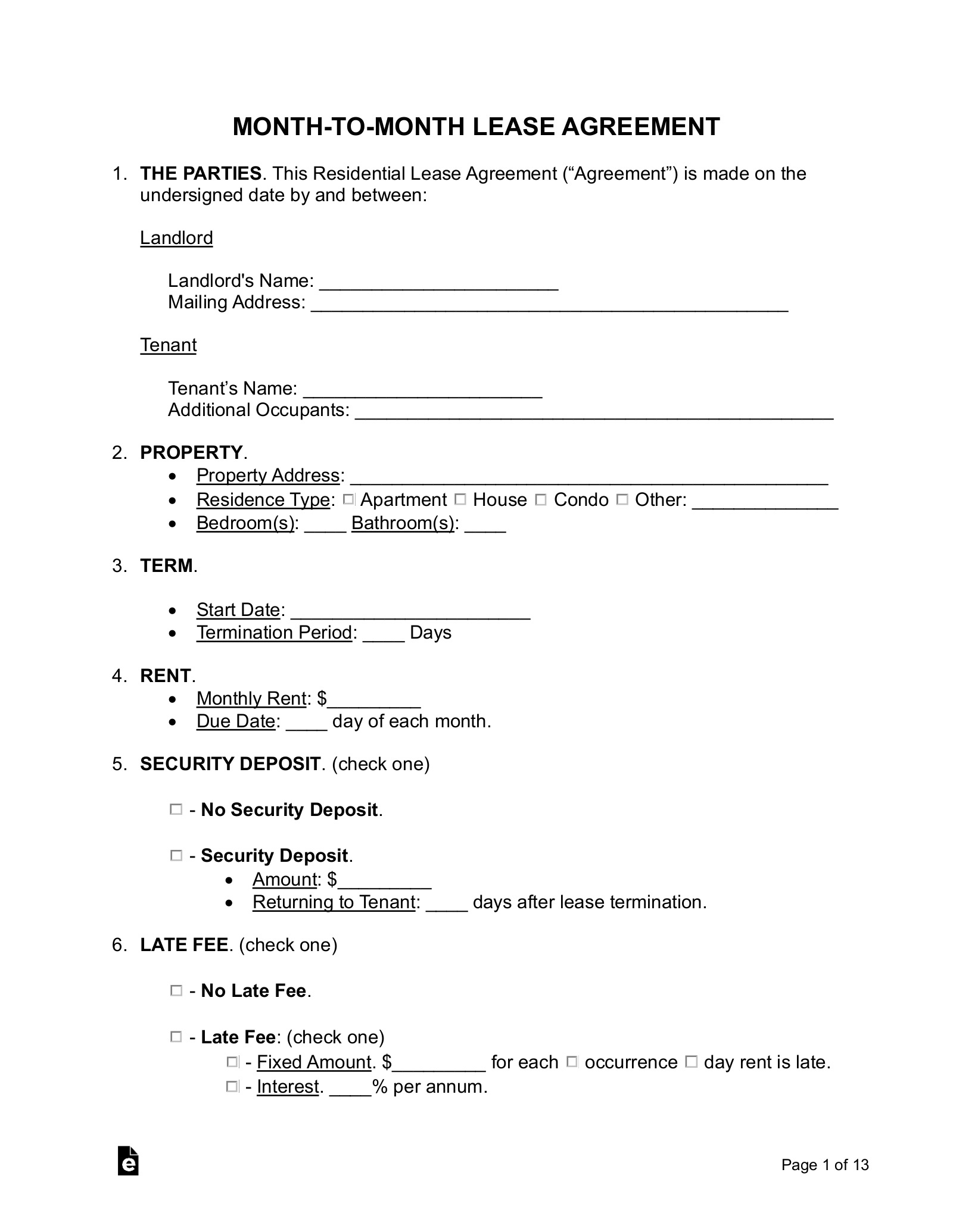 Free Month-To-Month Lease Agreement Template - Pdf | Word – Eforms for Landlord Tenant Free Printable Basic Rental Agreement