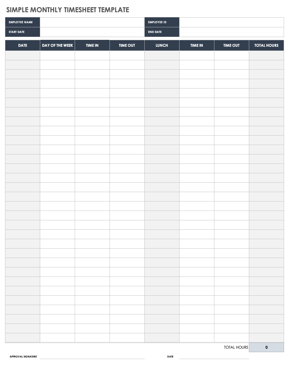 Free Monthly Timesheet & Time Card Templates | Smartsheet for Free Printable Monthly Time Sheets