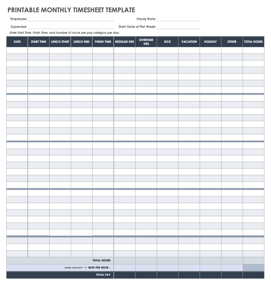 Free Monthly Timesheet & Time Card Templates | Smartsheet regarding Free Printable Monthly Time Sheets