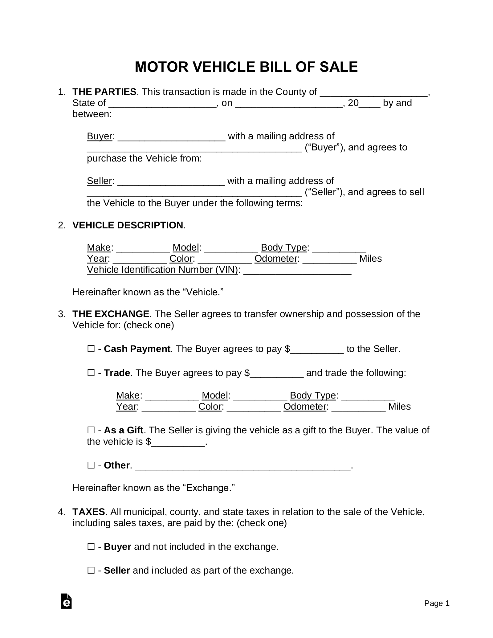 Free Motor Vehicle (Dmv) Bill Of Sale Form - Pdf | Word – Eforms within Free Printable Vehicle Bill Of Sale Form