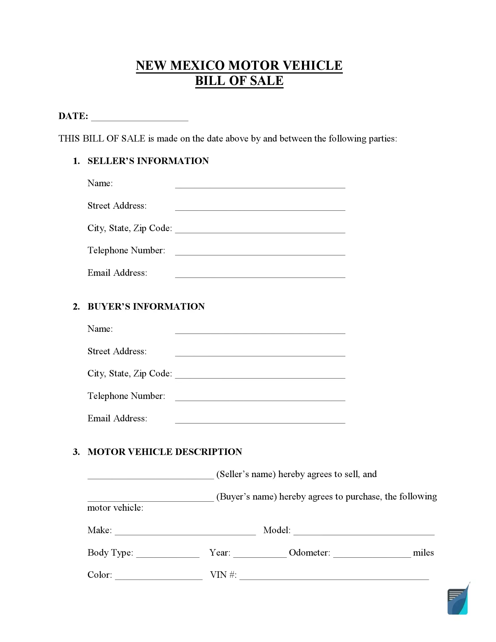 Free New Mexico Bill Of Sale Forms (Pdf) | Formspal inside Printable Bill of Sale Nm