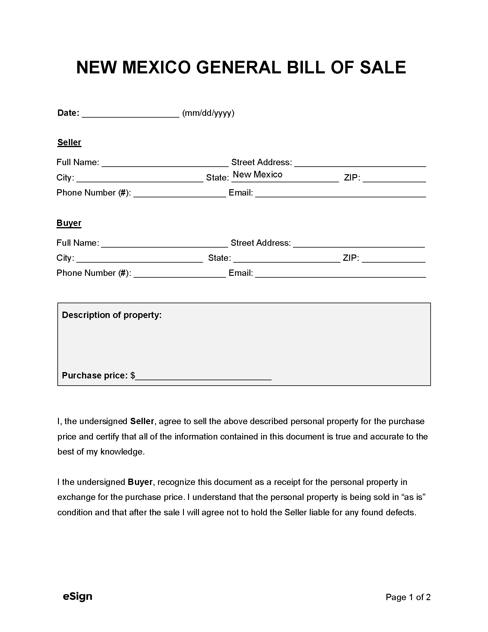 Free New Mexico General Bill Of Sale Form | Pdf | Word intended for Printable Bill Of Sale Nm