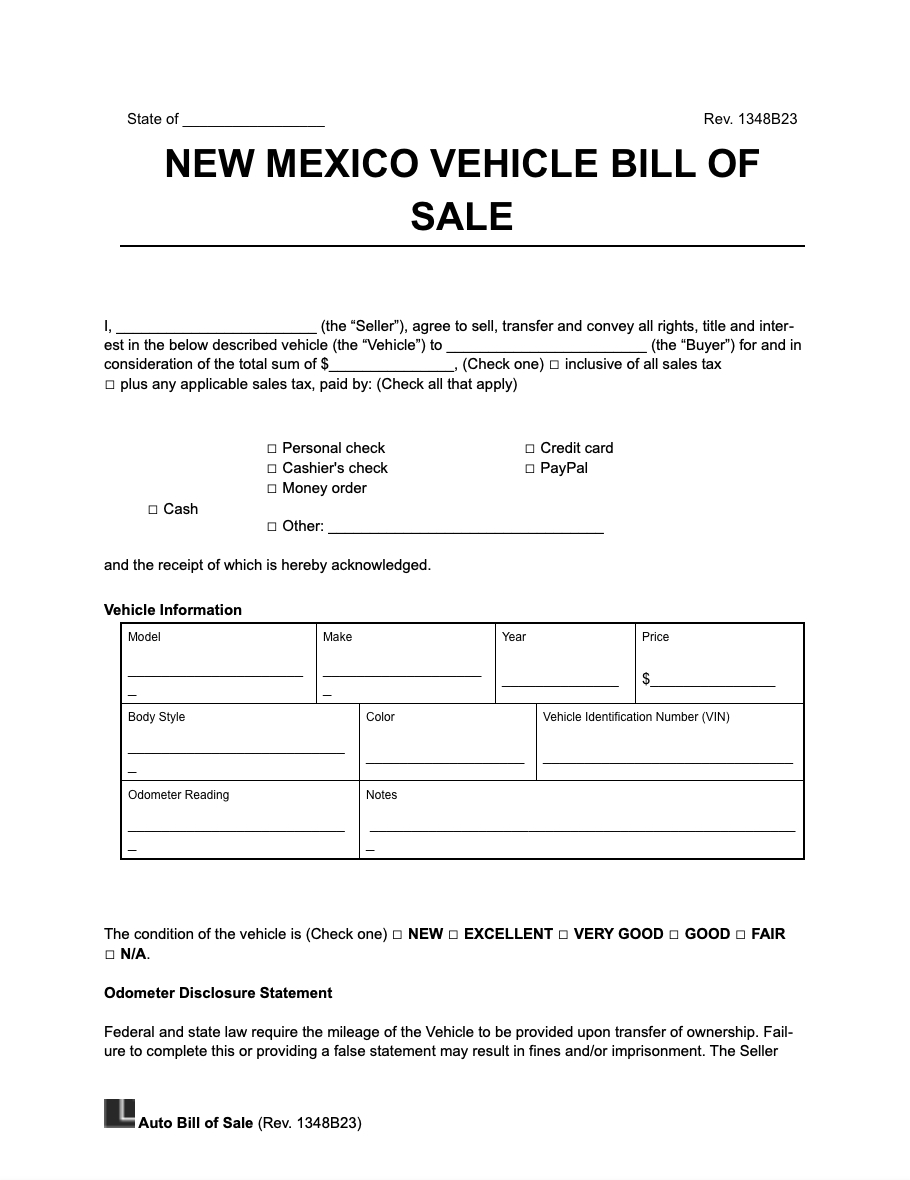 Free New Mexico Vehicle Bill Of Sale Form | Pdf & Word with Printable Bill Of Sale Nm