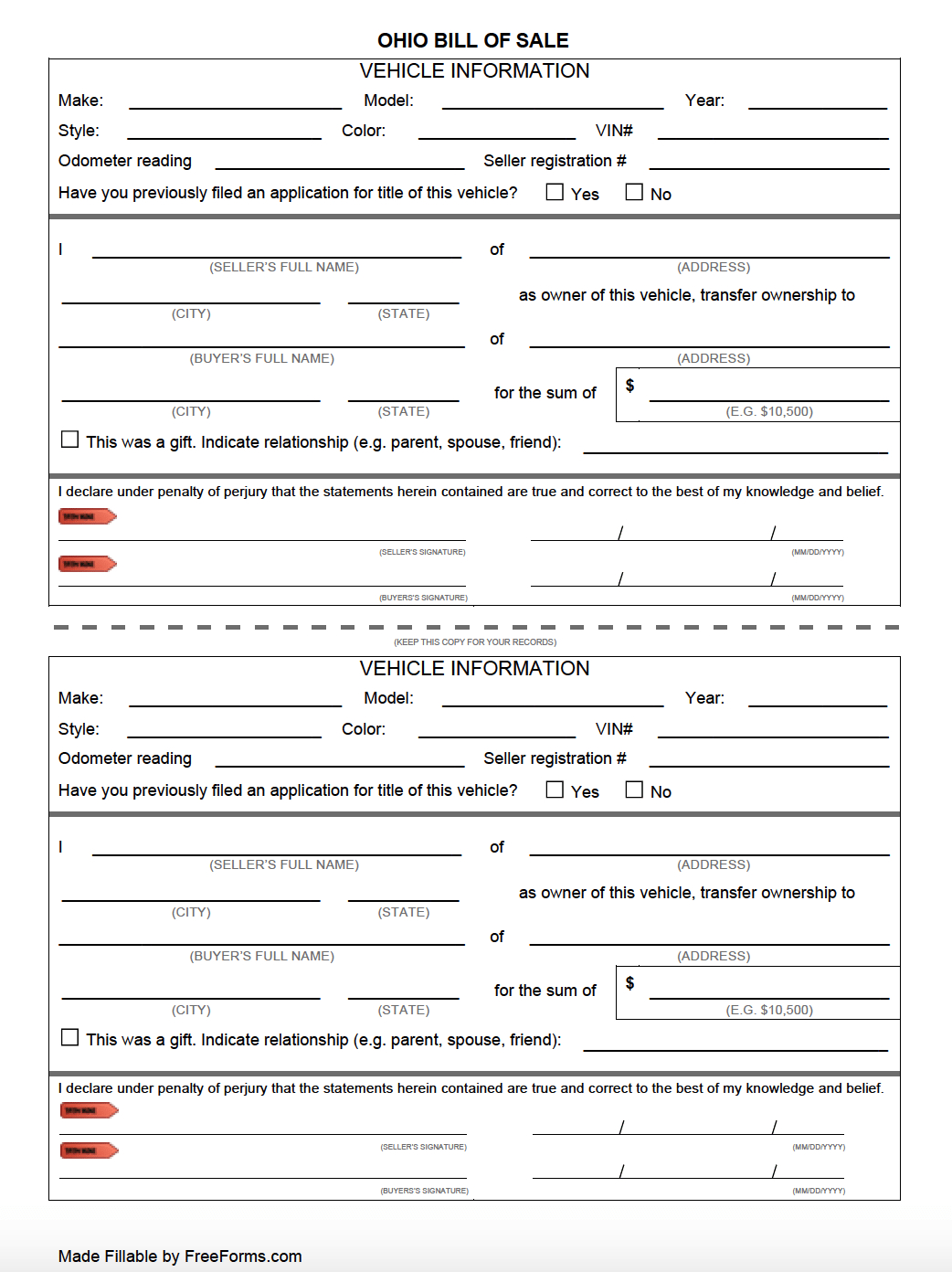 Free Ohio Bill Of Sale Forms | Pdf for Printable Ohio Vehicle Bill Of Sale