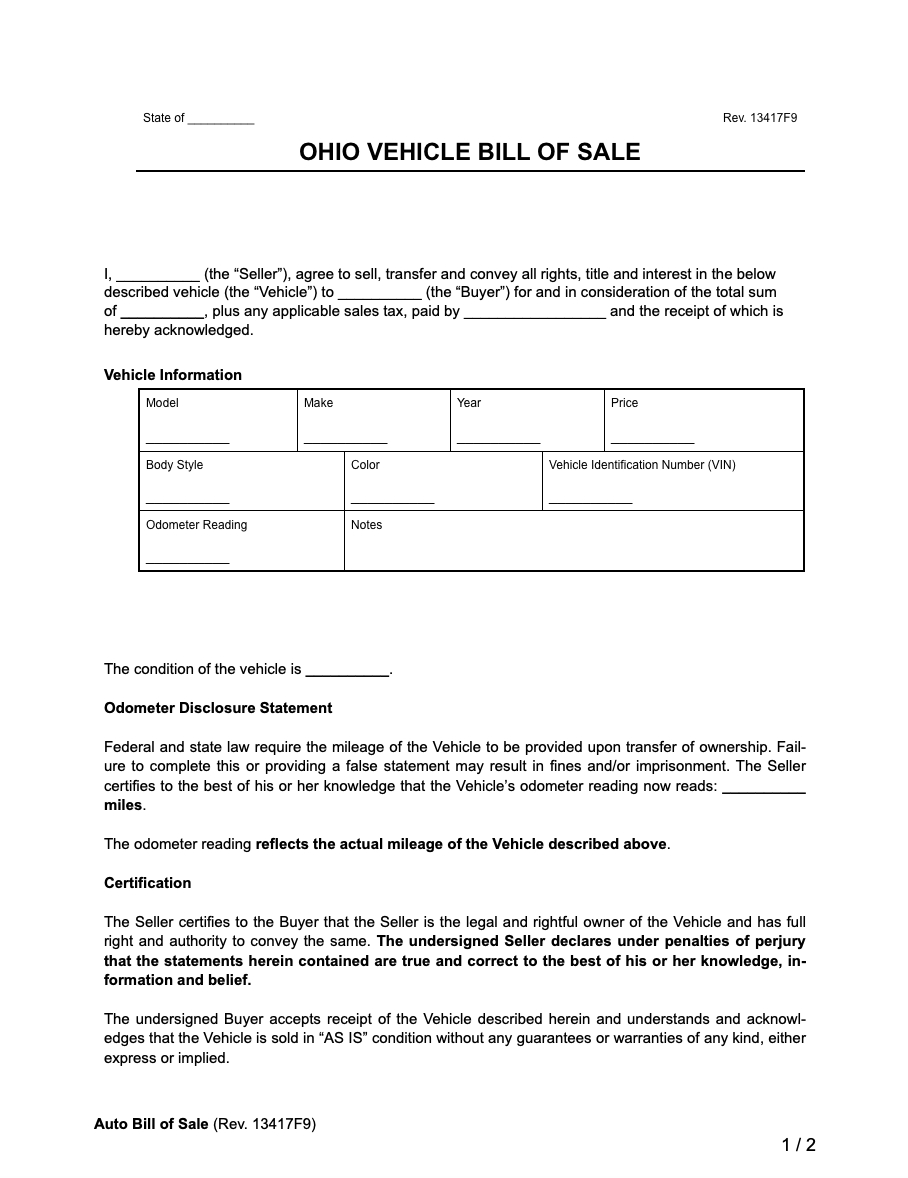 Free Ohio Vehicle Bill Of Sale Form | Pdf & Word regarding Printable Ohio Vehicle Bill of Sale