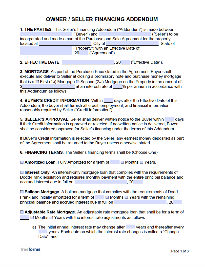Free Owner (Seller) Financing Addendum | Pdf | Word inside Free Printable Owner Financing Contract