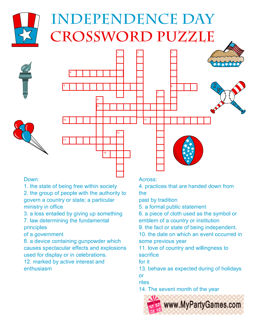 Free Printable 4Th Of July Crossword Puzzle With Answer Key in 4th of July Crossword Puzzle Printable