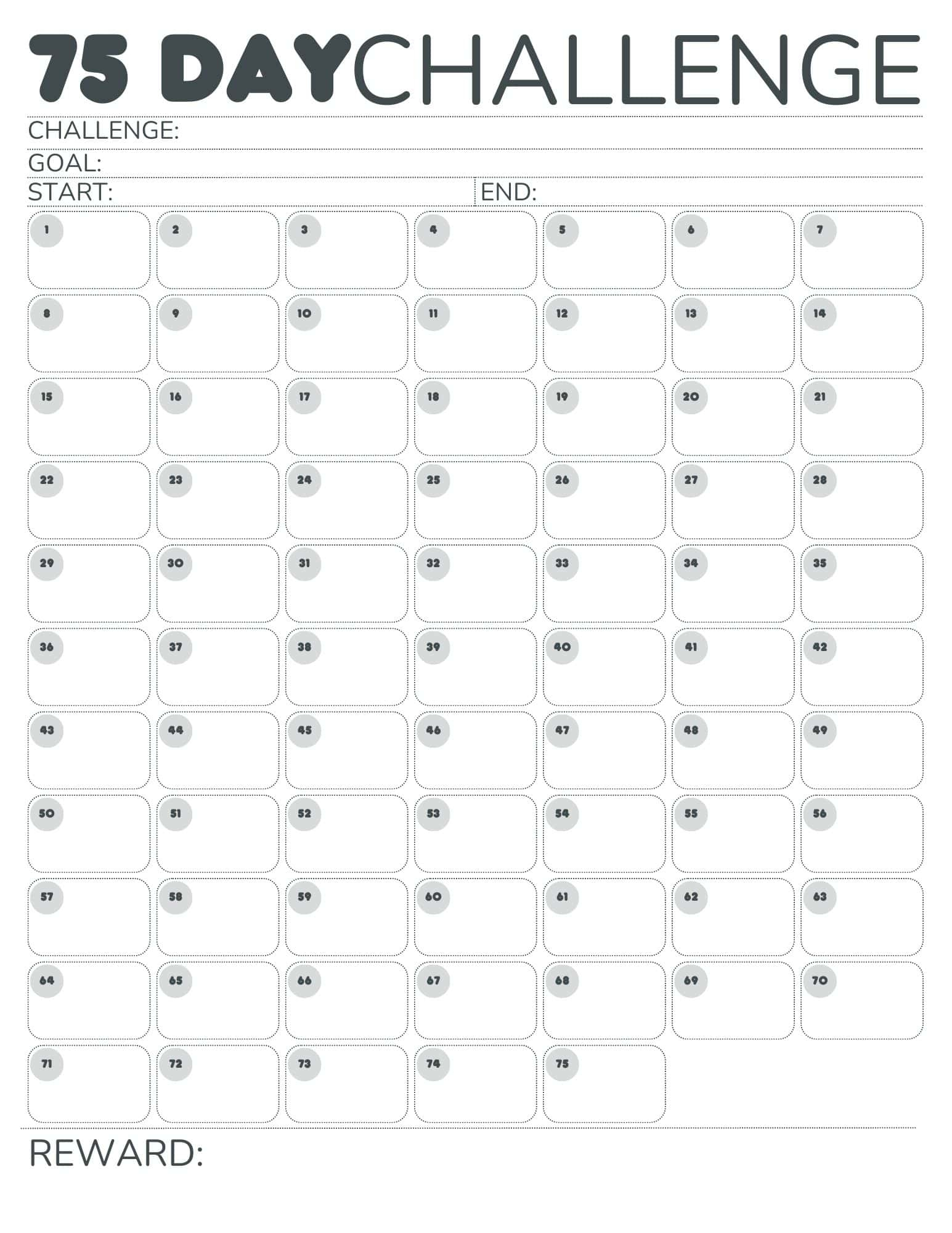 Free Printable 75-Day Challenge Calendar For 75 Hard, 75 Medium for 75 Hard Challenge Tracker Printable