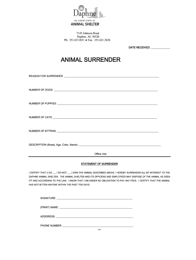 Free Printable Animal Surrender Form: Fill Out & Sign Online | Dochub in Free Printable Animal Surrender Form