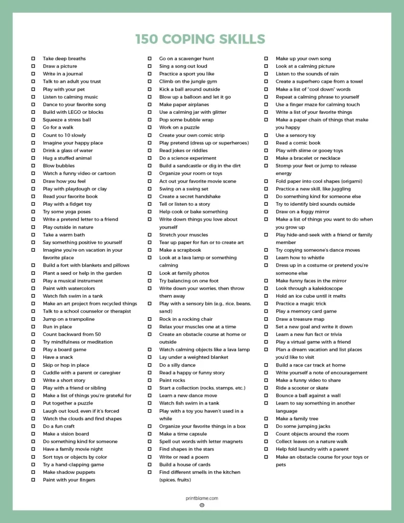 Free Printable Coping Skills Lists - 150 Coping Techniques For Kids with Printable List Of Coping Skills For Adults