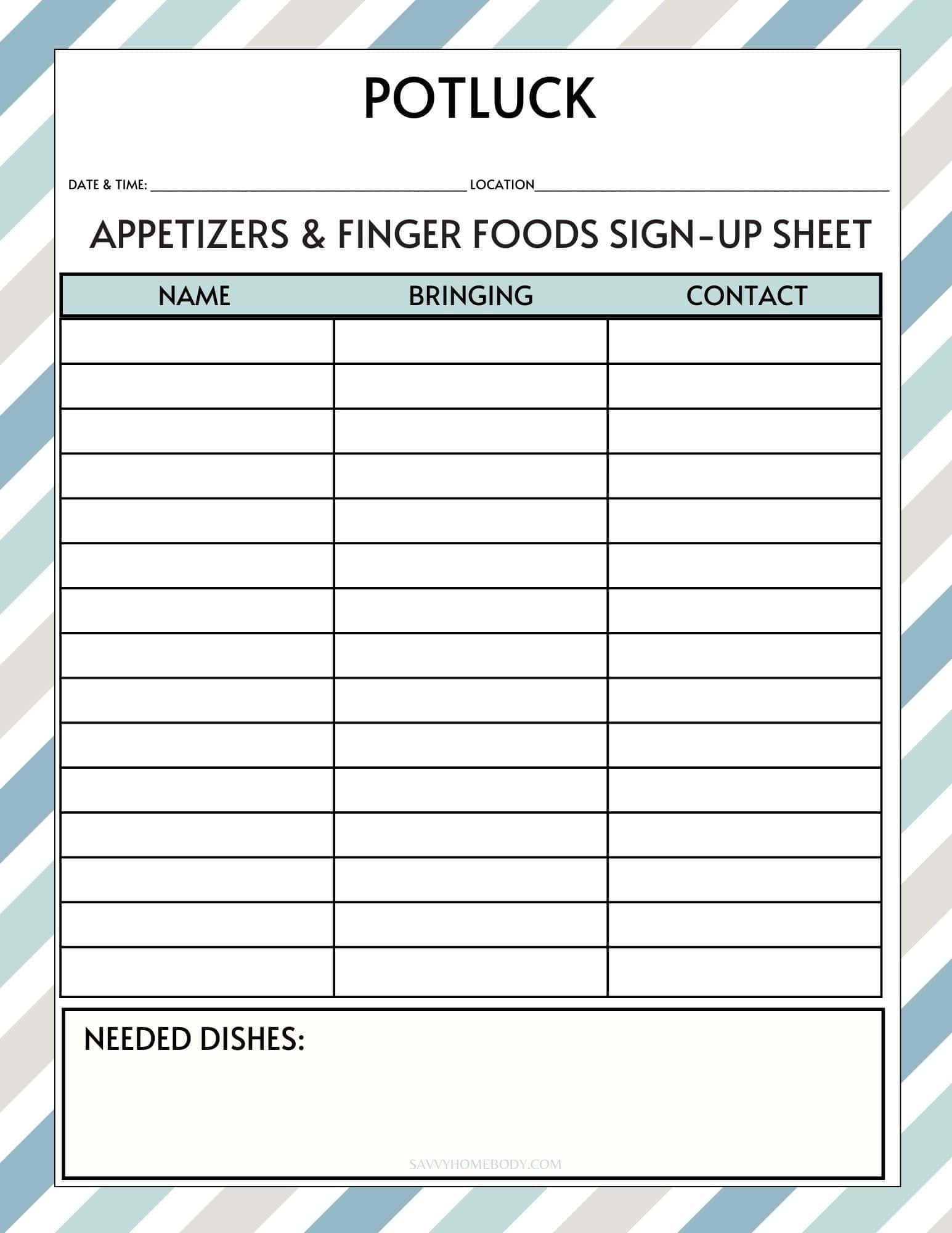 Free Printable Potluck Sign Up Sheets with regard to Printable Sign Up Sheet For Potluck