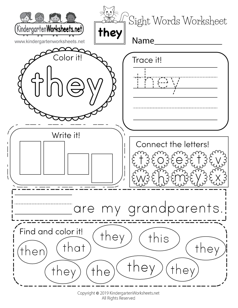 Free Printable Sight Word “They” Worksheet in Kindergarten Sight Words Worksheets Free Printables