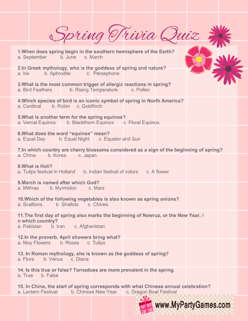 Free Printable Spring Trivia Quiz With Answer Key with regard to Spring Trivia For Seniors Printable