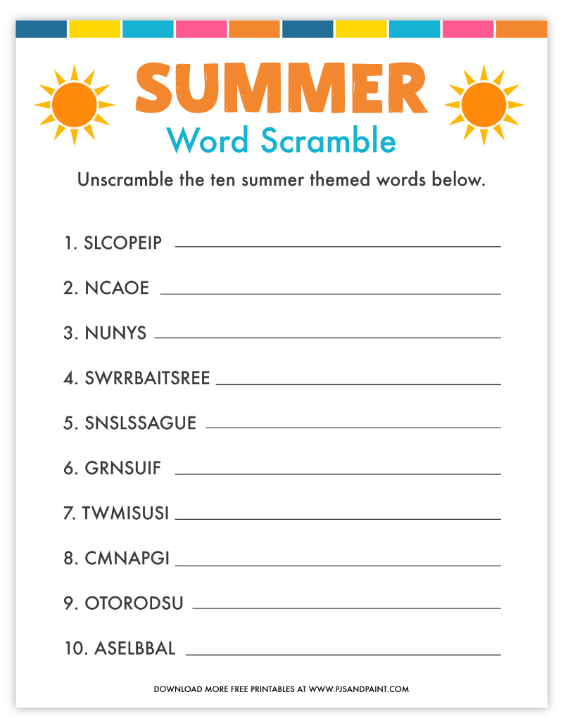 Free Printable Summer Word Scramble - Pjs And Paint in Summer Word Scramble Free Printable