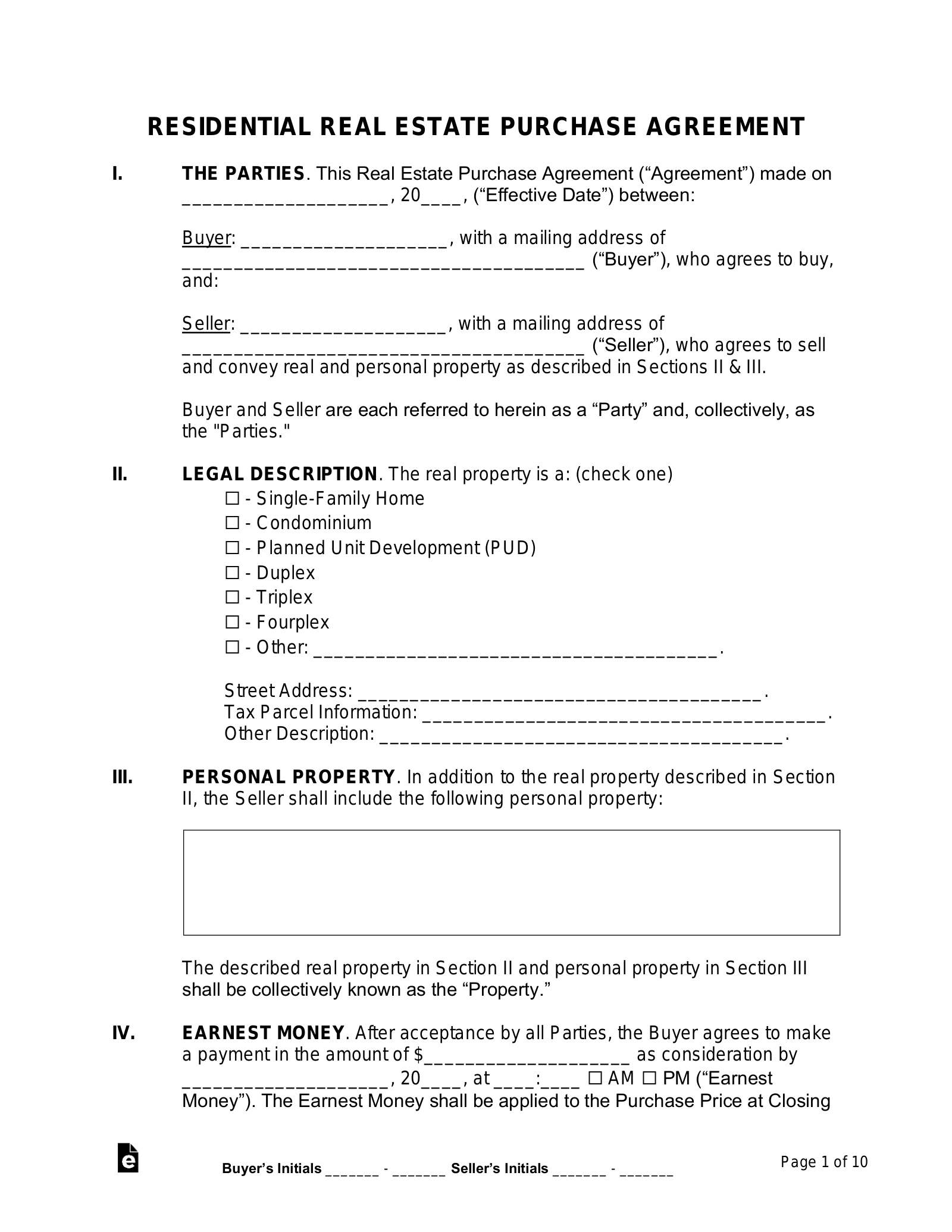Free Purchase And Sale Agreement Template - Pdf | Word – Eforms in Real Estate Printable Simple Purchase Agreement Template Word