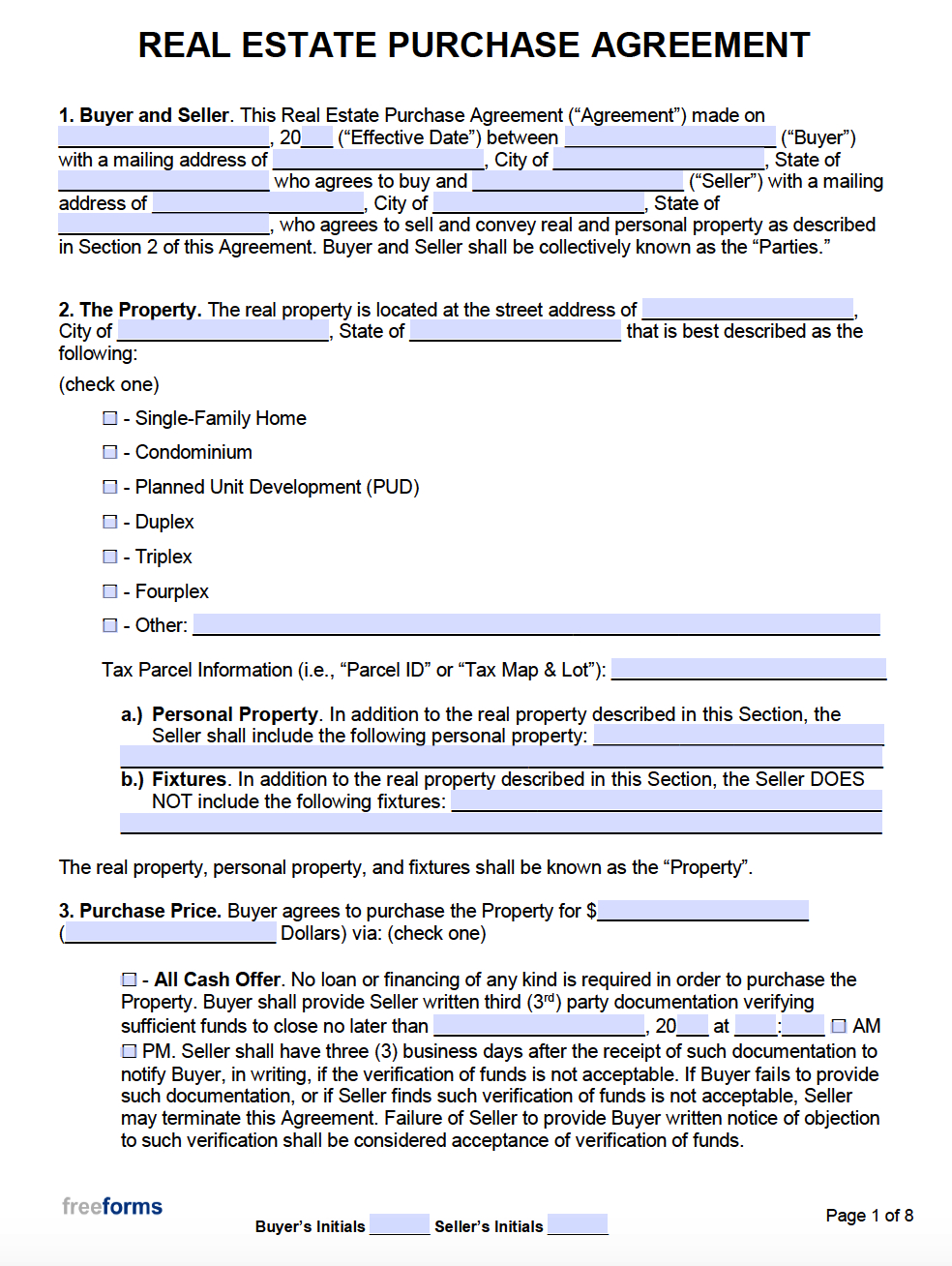 Free Real Estate Purchase Agreements | Pdf | Word for Real Estate Printable Simple Purchase Agreement Template Word