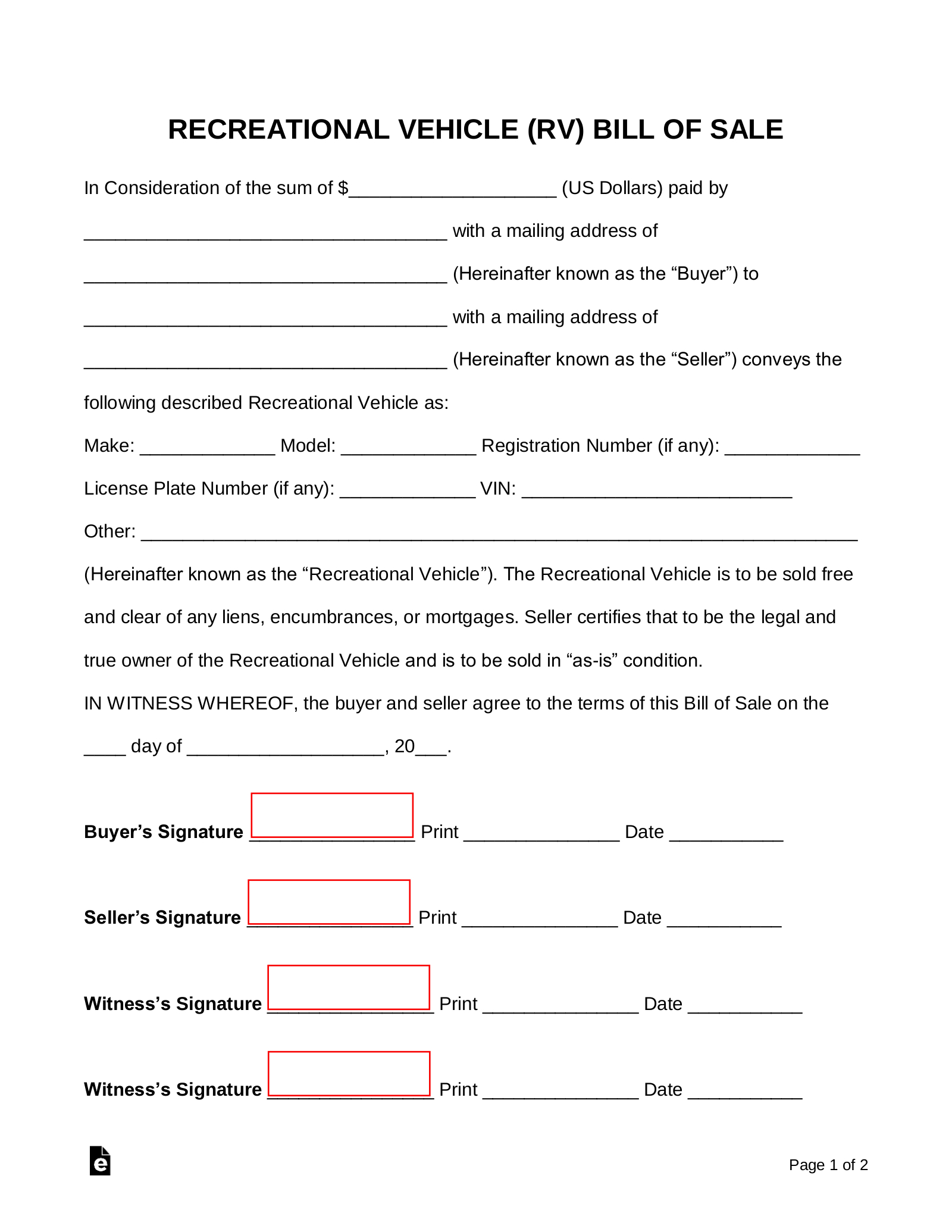 Free Recreational Vehicle (Rv) Bill Of Sale Form - Pdf | Word – Eforms within Printable Bill Of Sale For Rv