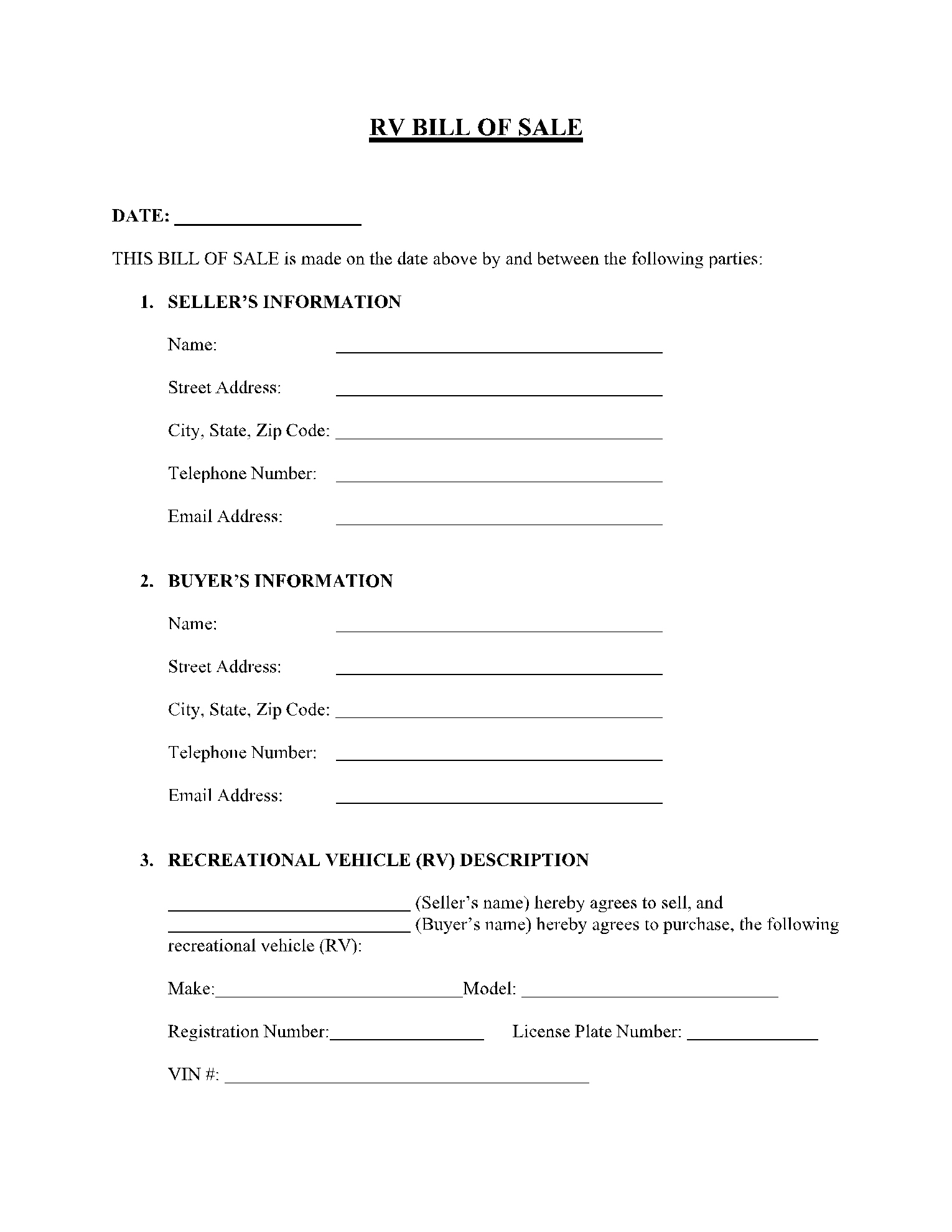 Free Recreational Vehicle (Rv) Bill Of Sale Template | Cocosign in Printable Bill Of Sale For Rv