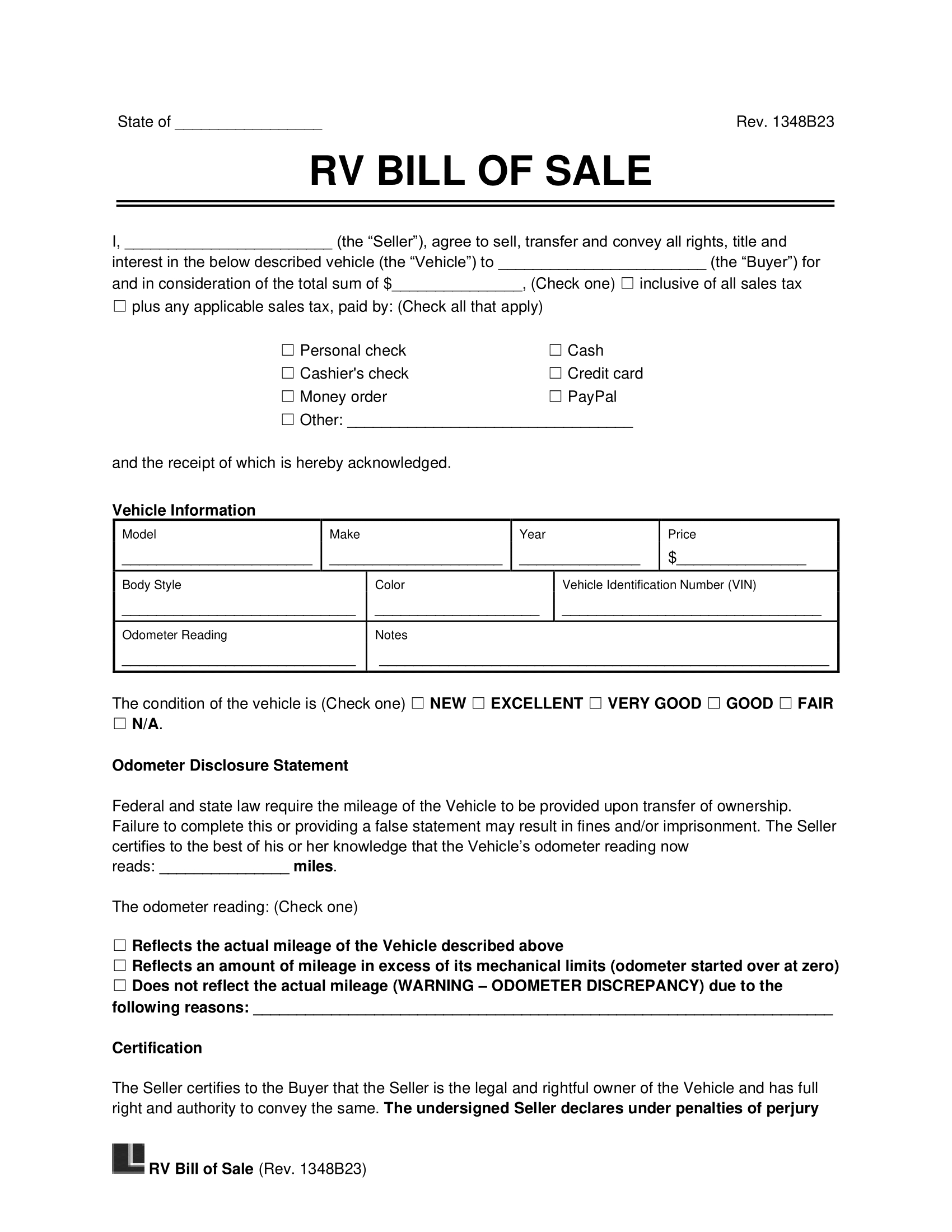 Free Recreational Vehicle (Rv) Bill Of Sale Template | Pdf & Word in Printable Bill Of Sale For Rv