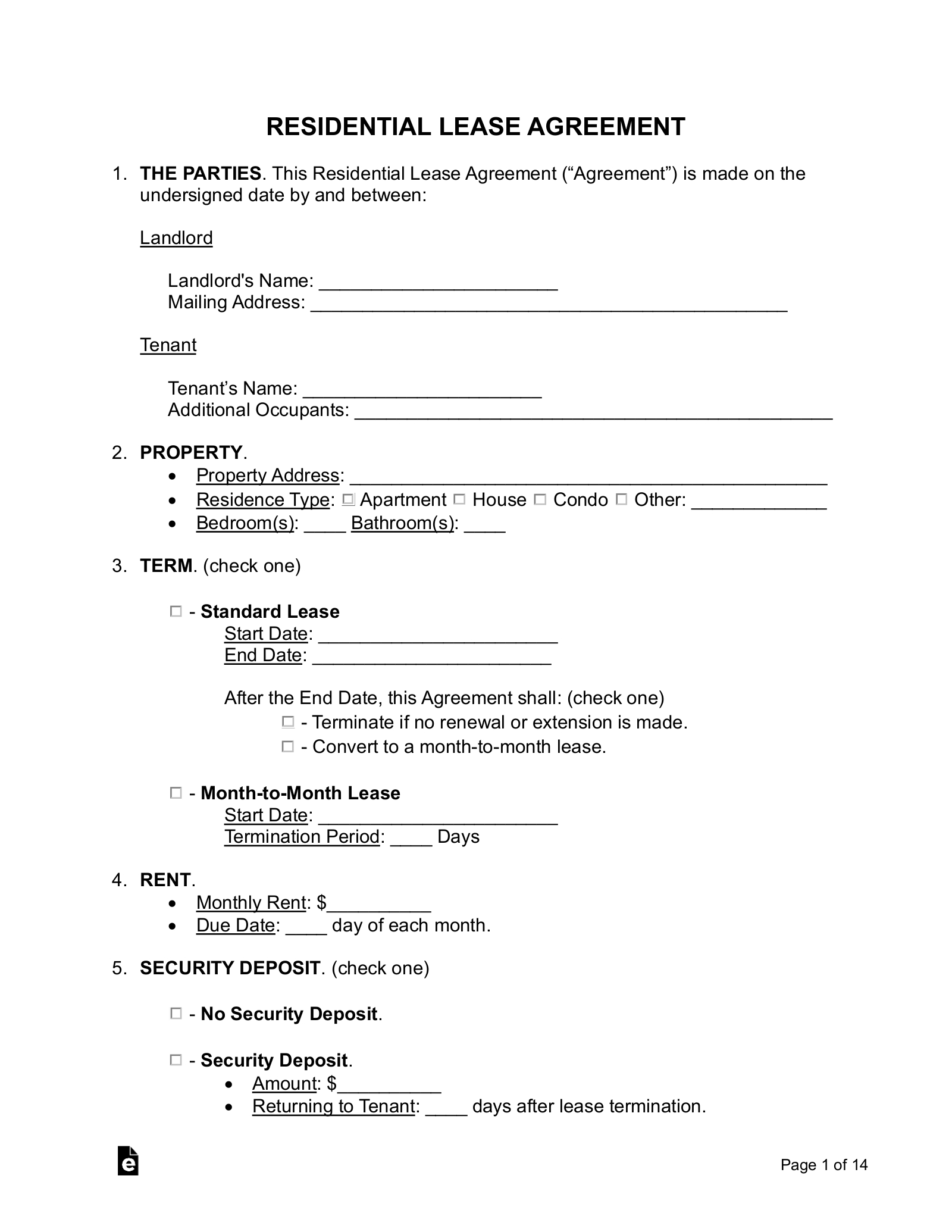 Free Rental / Lease Agreement Templates (15) - Pdf | Word – Eforms inside Rental Lease Agreement Free Printable