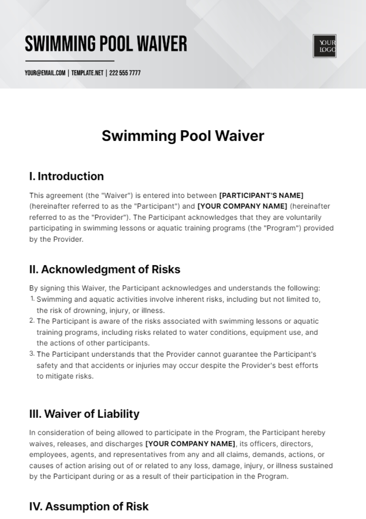 Free Swimming Pool Waiver Template To Edit Online with regard to Free Printable Pool Waiver Form