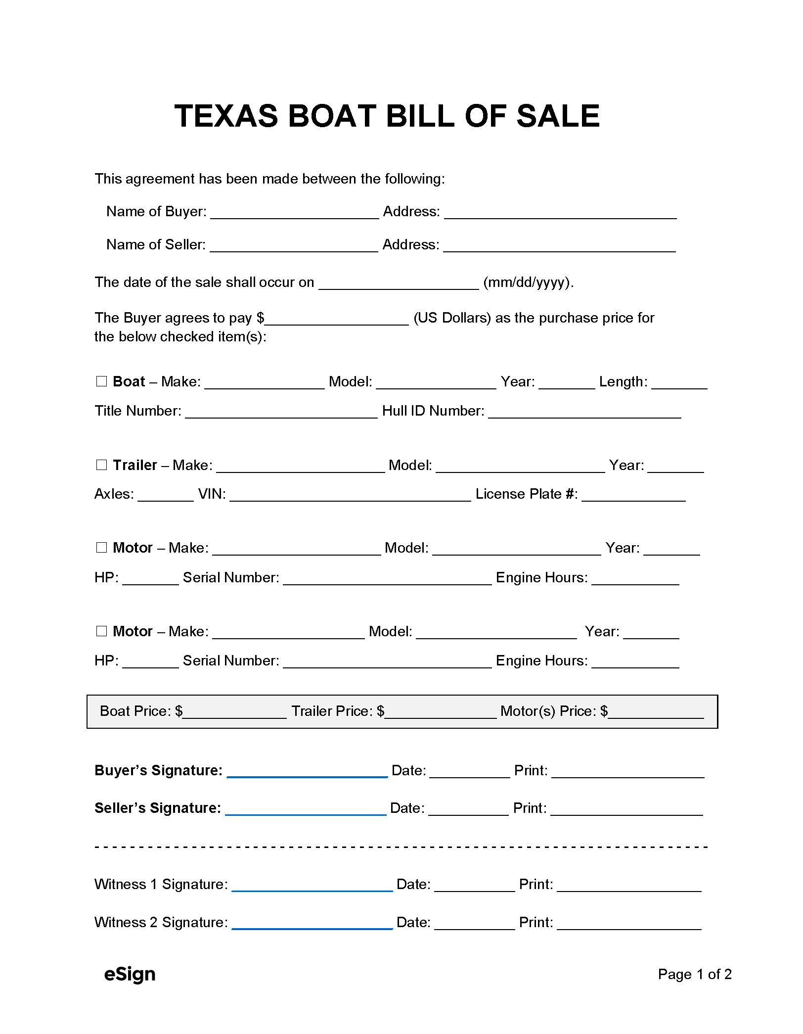 Free Texas Boat Bill Of Sale Form | Pdf | Word for Printable Boat Bill of Sale Texas