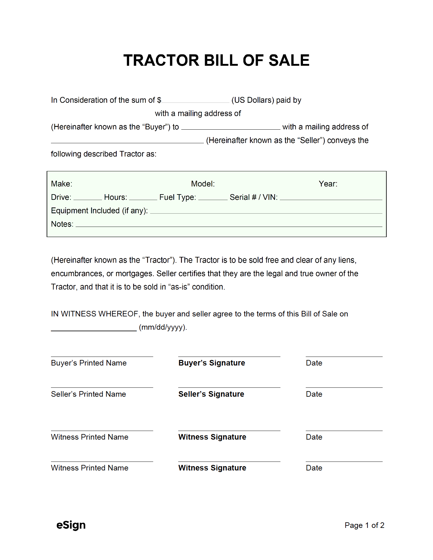Free Tractor Bill Of Sale Form | Pdf | Word throughout Printable Bill Of Sale For Farm Equipment