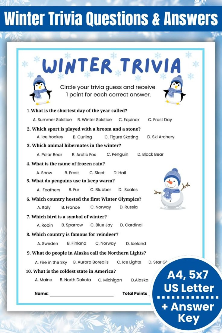 Fun Winter Trivia Questions & Answers Game within Winter Trivia Questions and Answers Printable