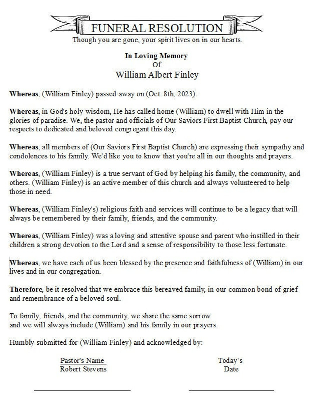 Funeral Resolution Template: Editable Church Memorial (Word Document) - Etsy with Printable Church Funeral Resolution
