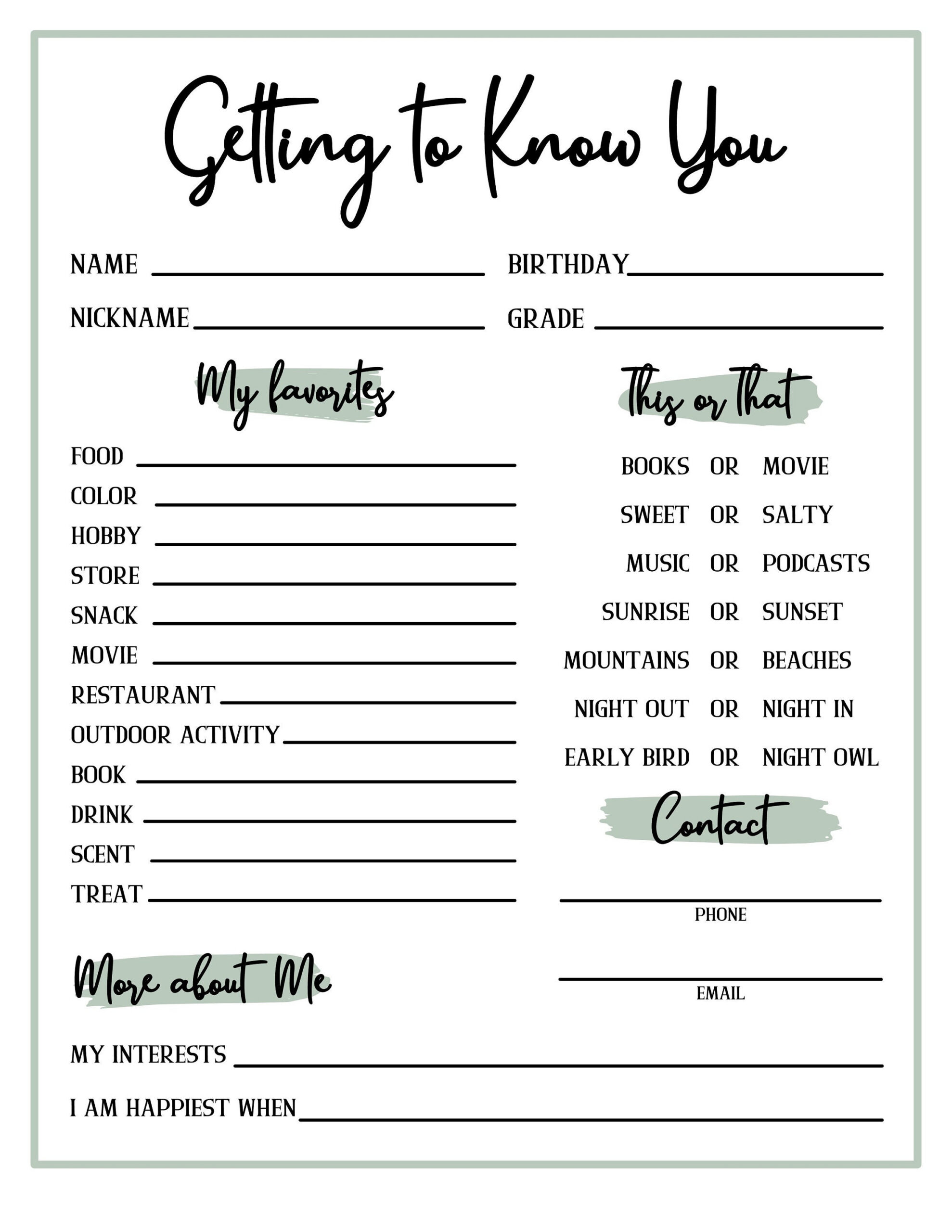 Get To Know You, Getting To Know You Page, Get To Know You with Free Printable Get To Know You Worksheet For Adults