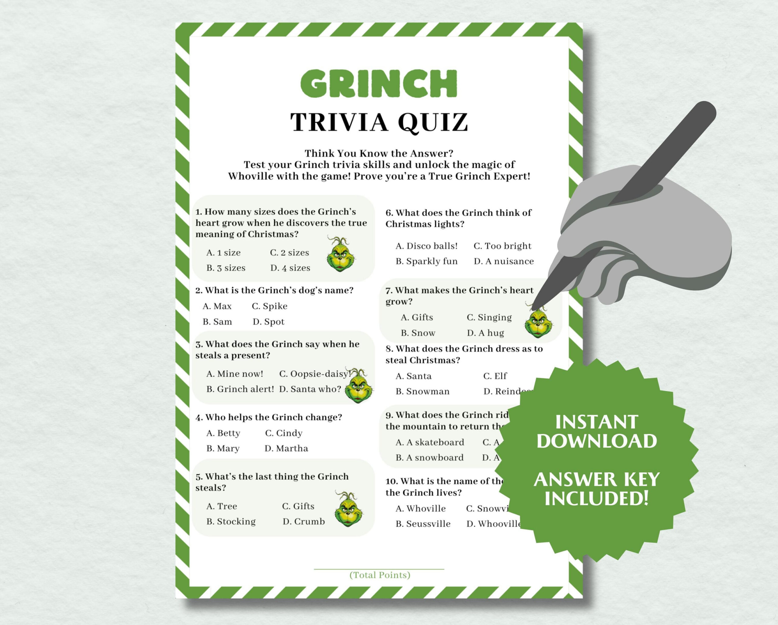 Grinch Trivia For Kids - Etsy Canada with regard to Grinch Trivia Questions And Answers Printable