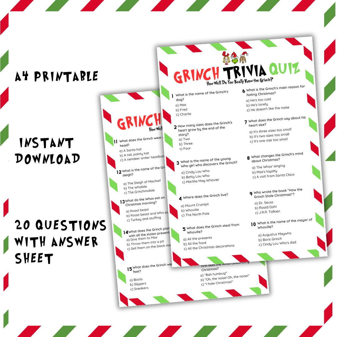 Grinch Trivia Quiz | Printable Christmas Game A4 | Holiday Party throughout Grinch Trivia Questions and Answers Printable