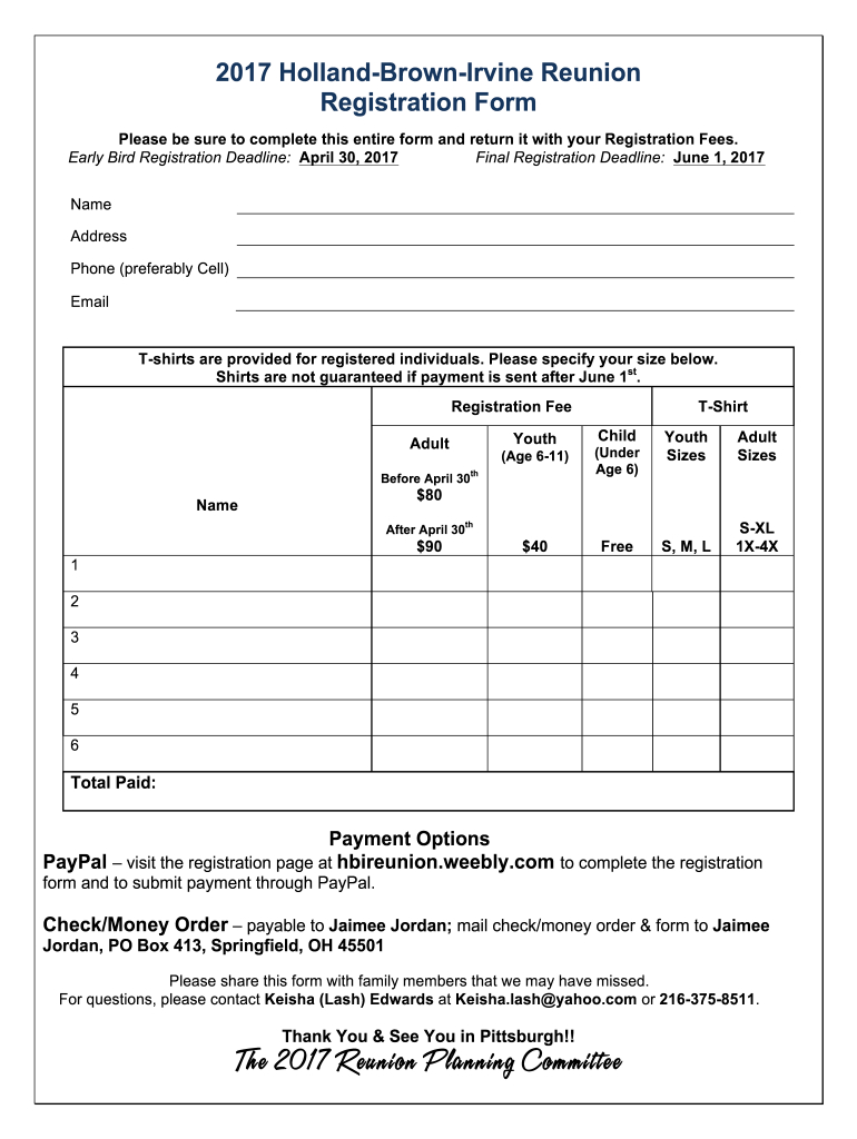 Holland-Brown-Irvine Reunion Registration Form - Fill Online within Printable Family Reunion Registration Forms