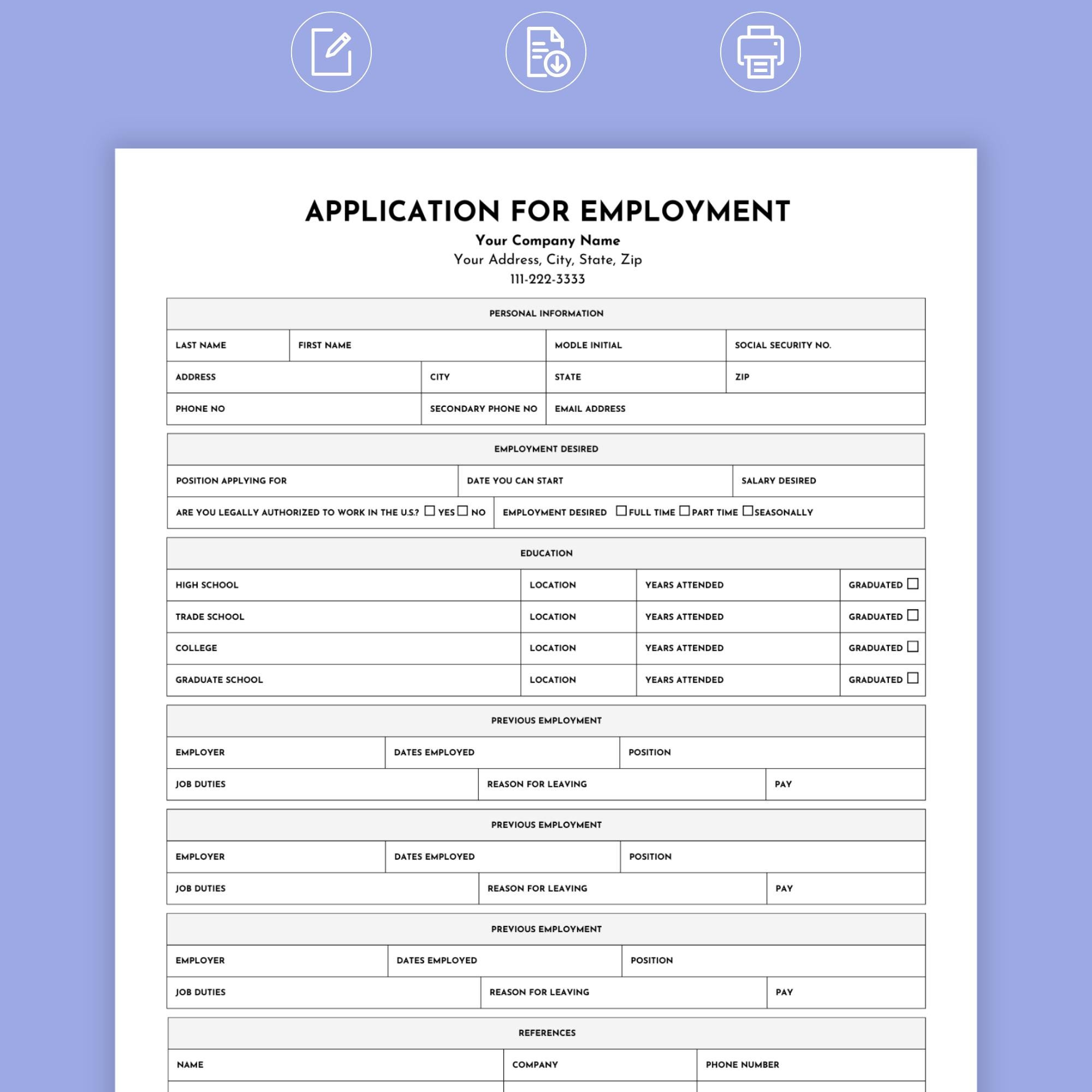 Job Application Forms Pdf - Etsy.de intended for Blank Job Application Forms Printable