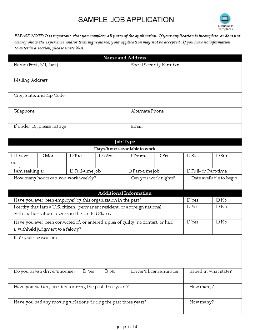 Kostenloses Sample Job Application Form with Printable Blank Job Application Form