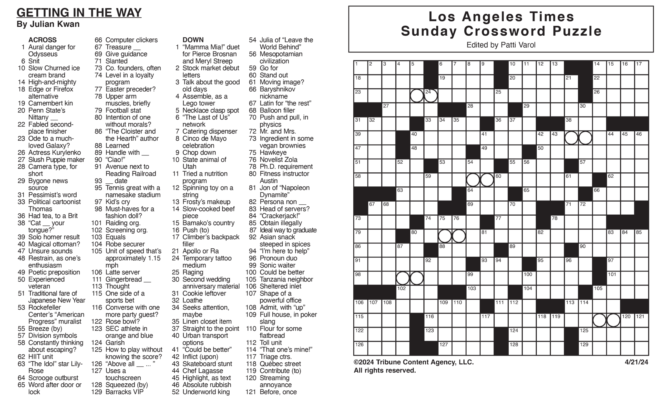 Los Angeles Times Sunday Crossword Puzzle | Tribune Content for Printable La Times Crossword Puzzle